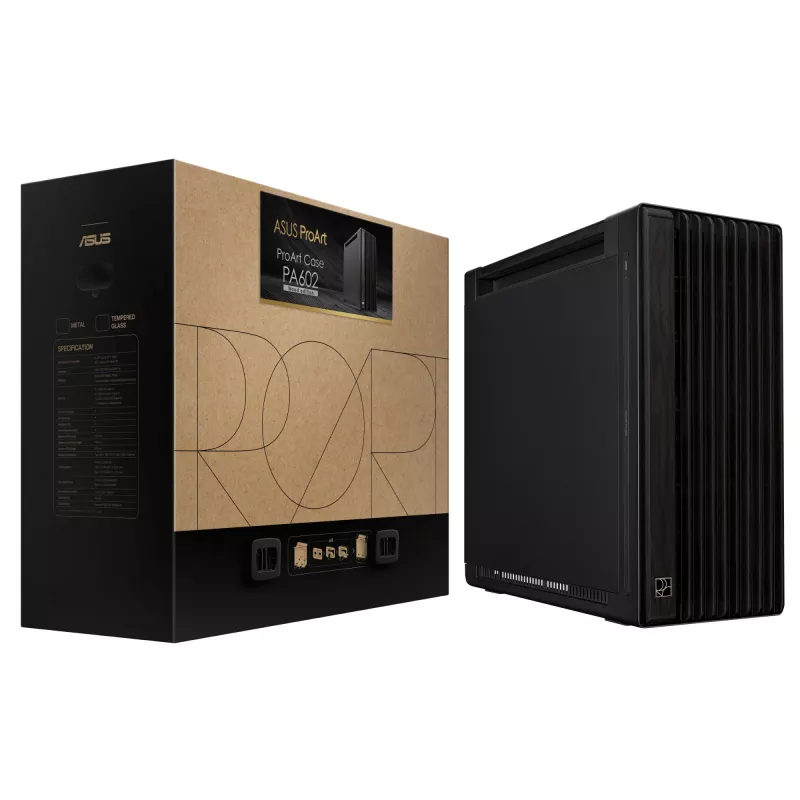 PC korpuss ASUS ProArt PA602 Wood Edition Midi Tower melns — EATX atbalsts, 45 cm GPU, 19 cm PSU/dzesētājs, 8 HDD nodalījumi, USB-C