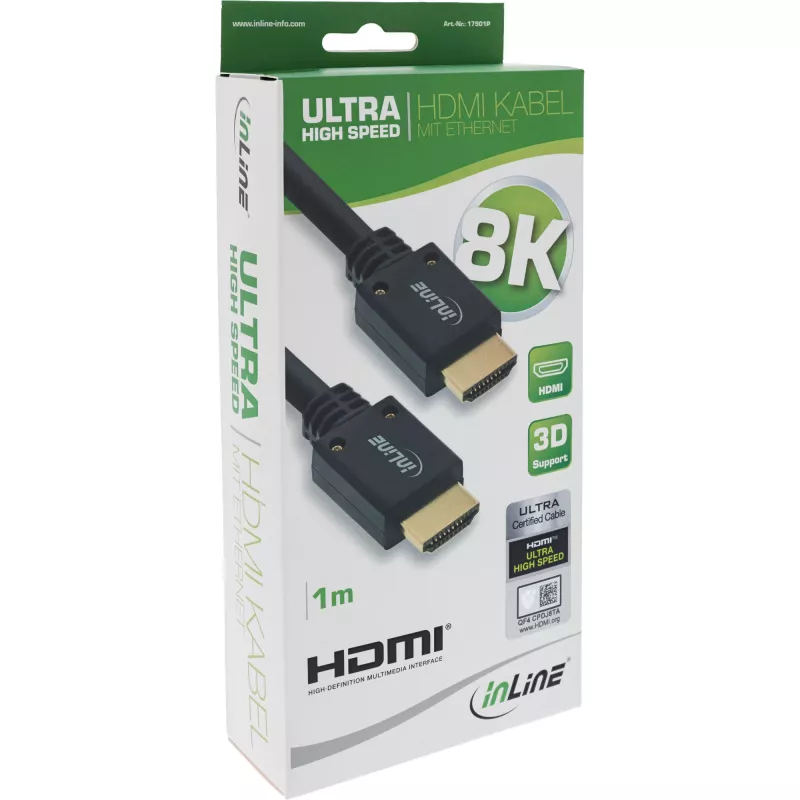 InLine Ultra High Speed HDMI kabelis M/M 8K4K apzeltīts, 1m