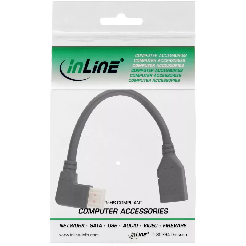 InLine DisplayPort 1.4 adaptera kabelis M/F, 8K4K, leņķveida kreisais, melns/zelts, 0.15m