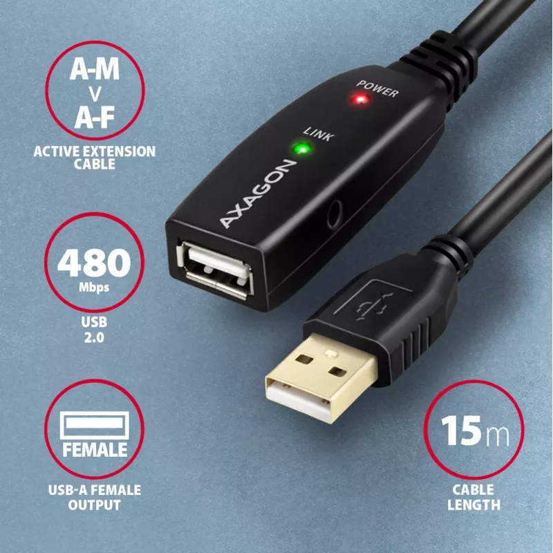 Axagon ADR-215 USB 2.0 A-M -> A-F aktīvs pagarinātājs/atkārtotāja kabelis 15m