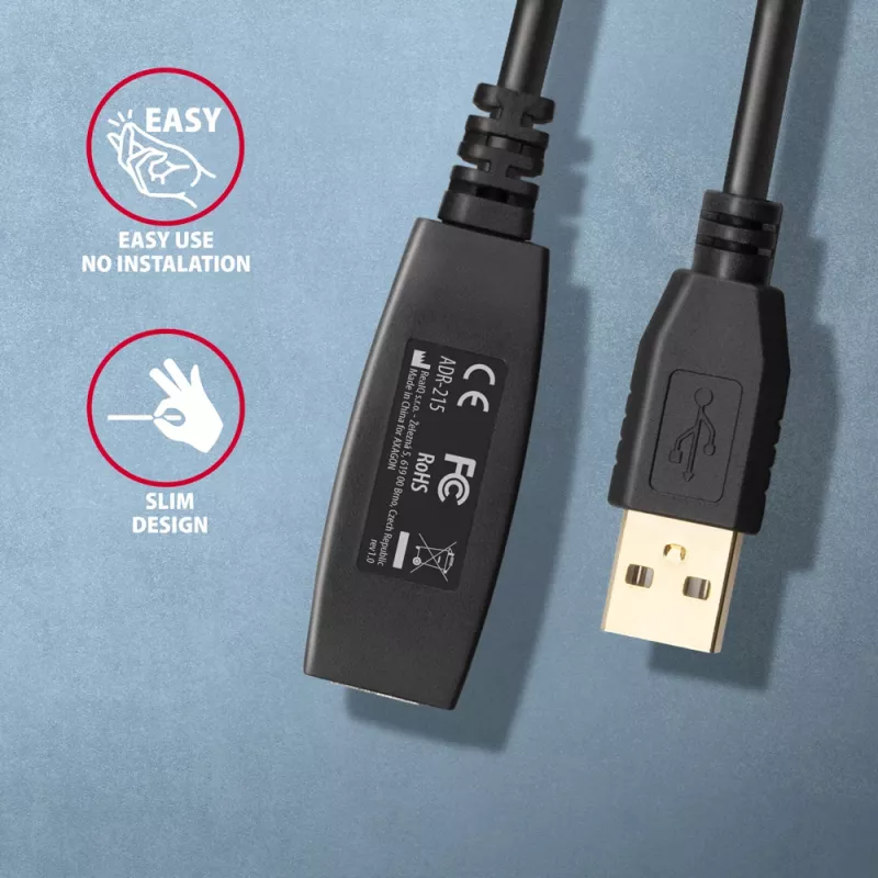 Axagon ADR-215 USB 2.0 A-M -> A-F aktīvs pagarinātājs/atkārtotāja kabelis 15m