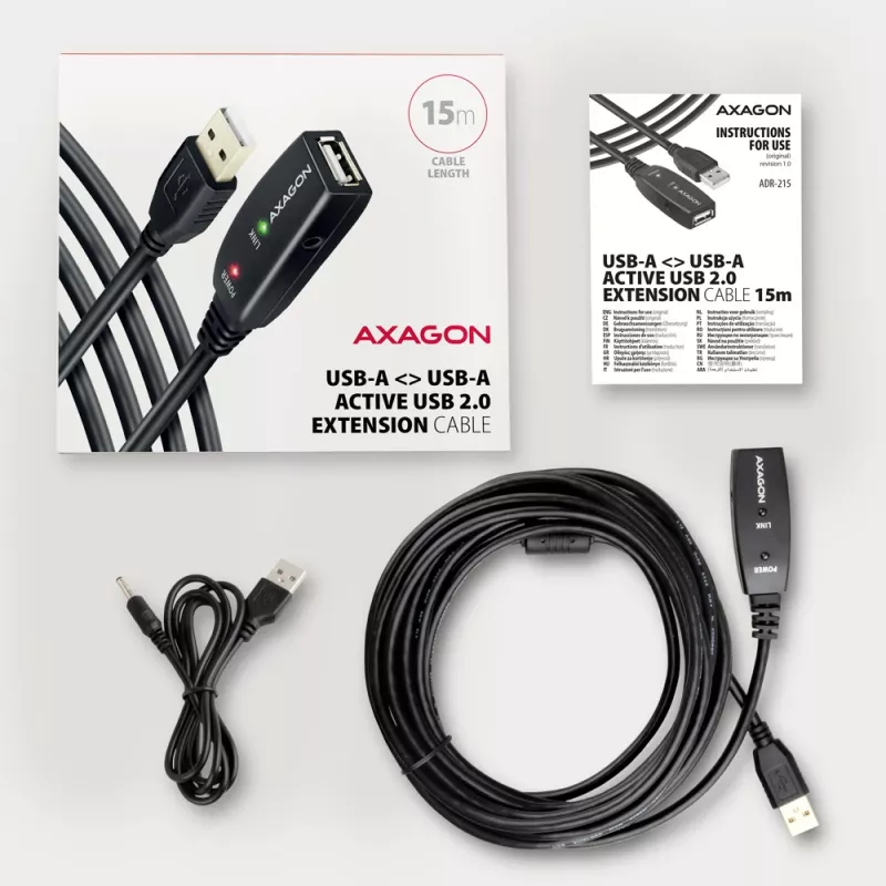 Axagon ADR-215 USB 2.0 A-M -> A-F aktīvs pagarinātājs/atkārtotāja kabelis 15m