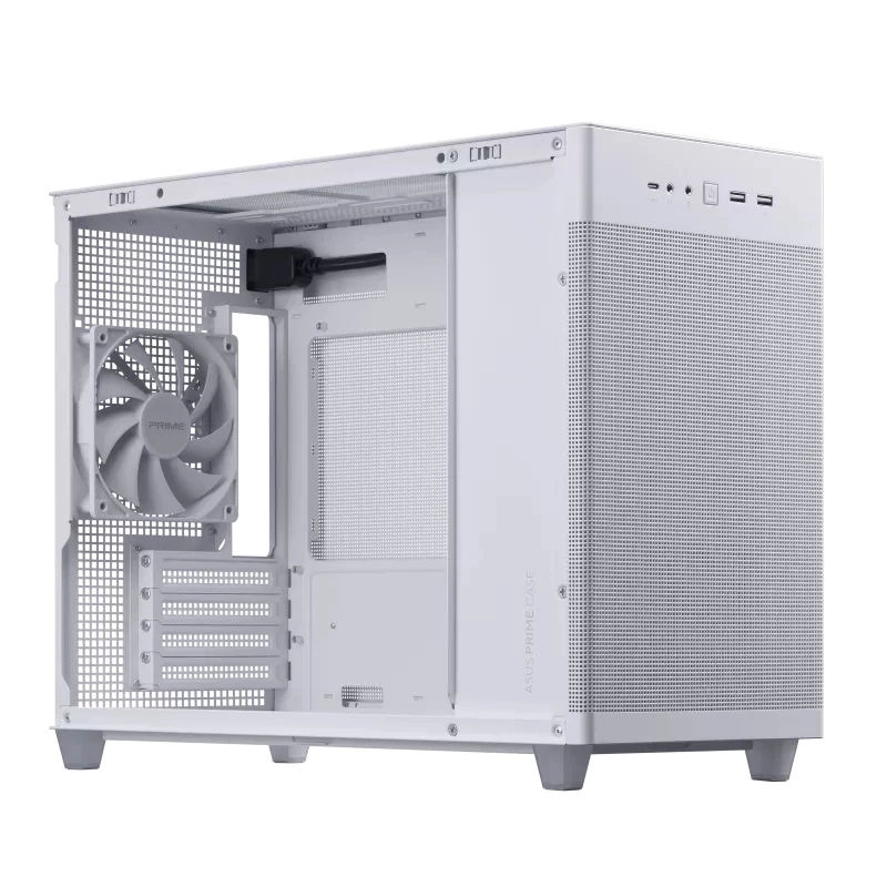 PC case ASUS AP201 PRIME CASE TG balta Mini Tower — micro ATX, rūdīts stikls, 3×3,5 collu nodalījumi, 1×2,5 collu, USB-A×2, USB-C×1