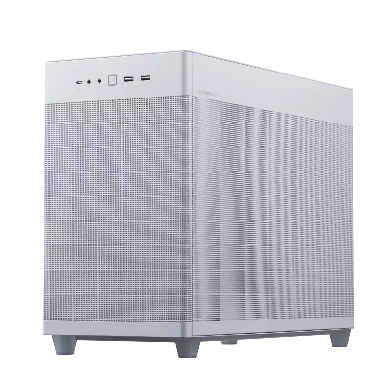 PC case ASUS AP201 PRIME CASE TG balta Mini Tower — micro ATX, rūdīts stikls, 3×3,5 collu nodalījumi, 1×2,5 collu, USB-A×2, USB-C×1