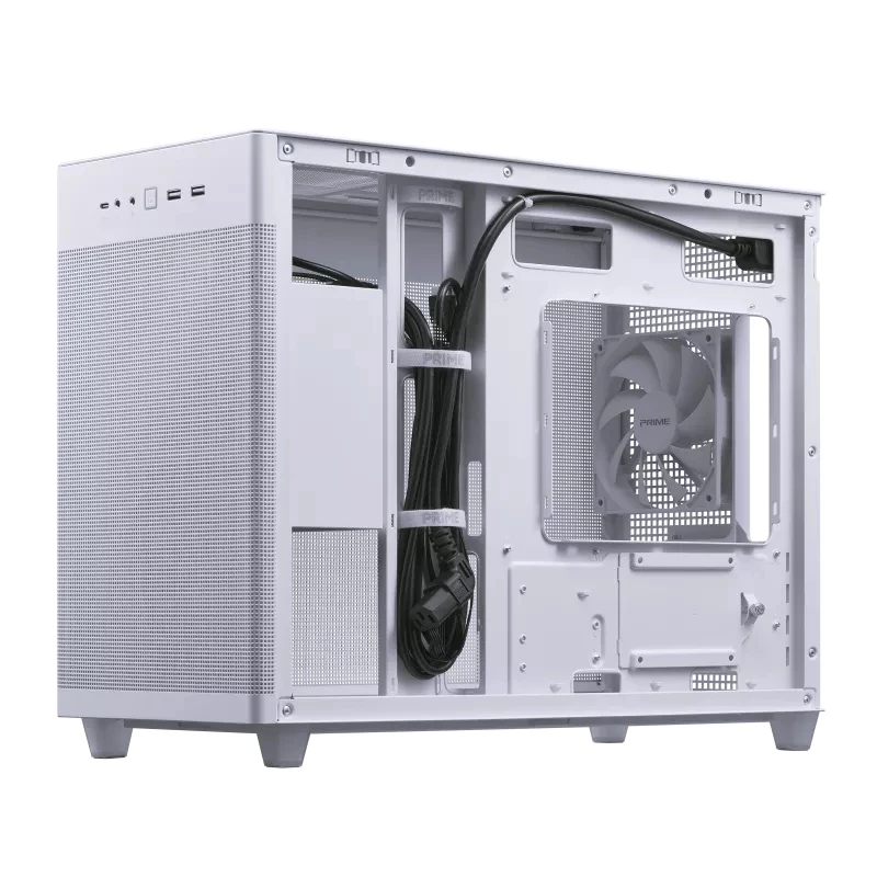 PC case ASUS AP201 PRIME CASE TG balta Mini Tower — micro ATX, rūdīts stikls, 3×3,5 collu nodalījumi, 1×2,5 collu, USB-A×2, USB-C×1