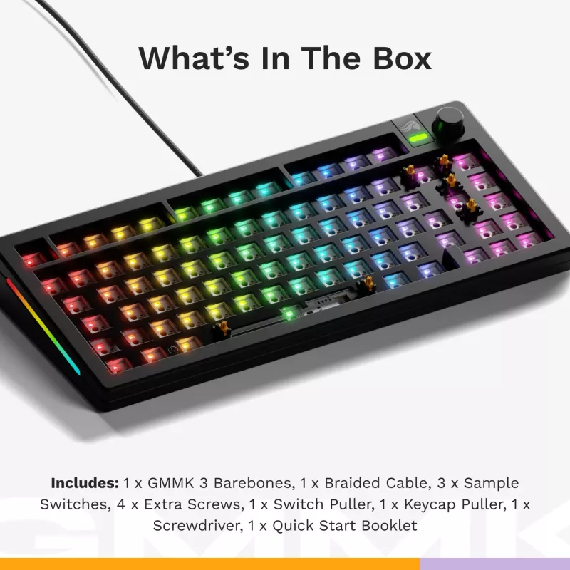Glorious Gaming GMMK 3 75% Barebones Wired Melns - ISO, 75%, Vadu, USB, RGB LED, Melns