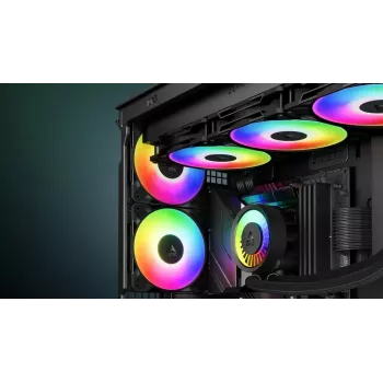 120 mm PWM A‑RGB korpusa ventilatori 3 komplektā, Arctic Freezer P12 Pro A‑RGB — 131 m³/h, šķidruma dinamiskais gultnis, melns/balts