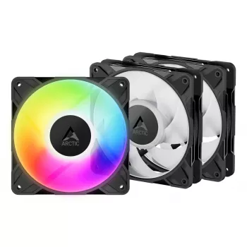 120 mm PWM A‑RGB korpusa ventilatori 3 komplektā, Arctic Freezer P12 Pro A‑RGB — 131 m³/h, šķidruma dinamiskais gultnis, melns/balts