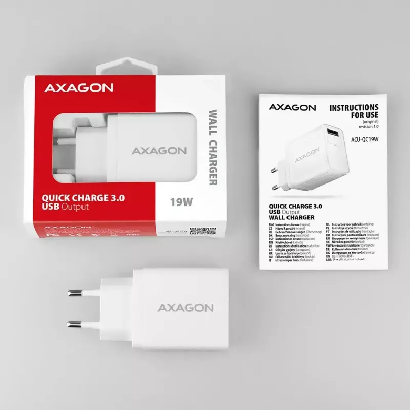 Axagon ACU-QC19W sienas lādētājs 1x QC3.0/AFC/FCP/SMART 19W balts