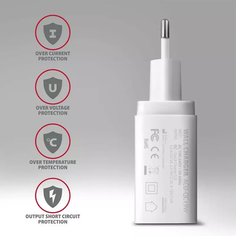 Axagon ACU-QC19W sienas lādētājs 1x QC3.0/AFC/FCP/SMART 19W balts