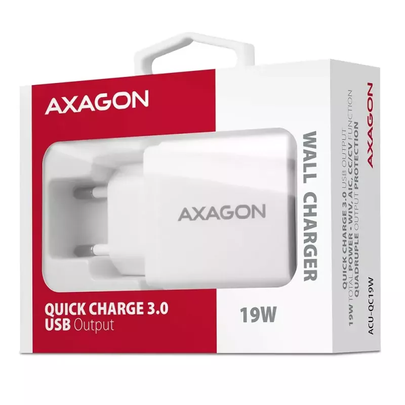 Axagon ACU-QC19W sienas lādētājs 1x QC3.0/AFC/FCP/SMART 19W balts