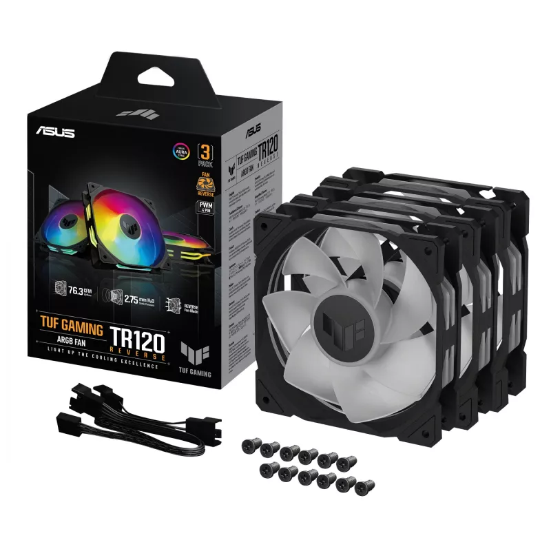 ASUS TUF Gaming TR120 ARGB Reverse ventilators, trīskāršs iepakojums — 3×120 mm, 2200 RPM, PWM, 2.75 mmH2O, 16 LEDs, melns