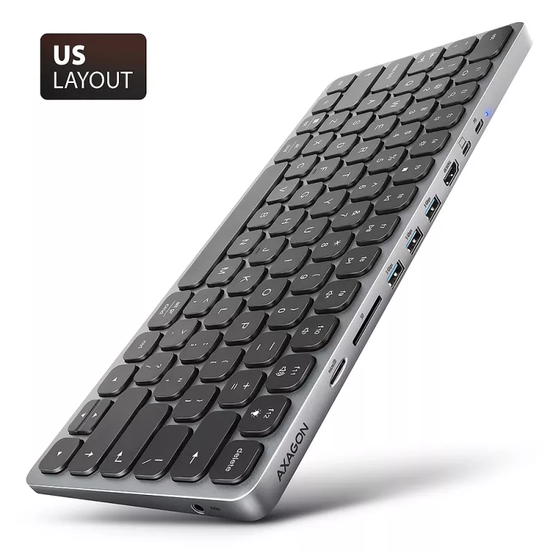 Axagon HMC-KB-US, USB 5Gbps centrmezgls ar tastatūru, HDMI 4K/60Hz, 3x USB-A, SD/mSD, audio, PD 100, ASV izkārtojums