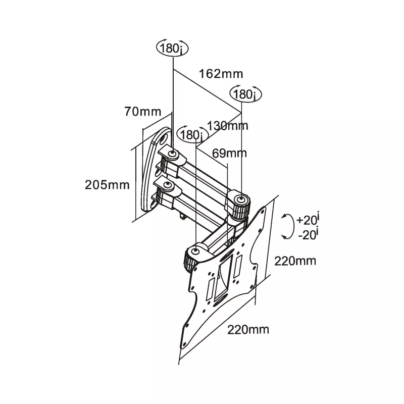 InLine sienas kronšteins TFT/LED/Plazmas ekrāniem 58–107 cm (23–42 collas) noliecams/grozāms, VESA 100x100–200x200, maks. 30 kg, melns