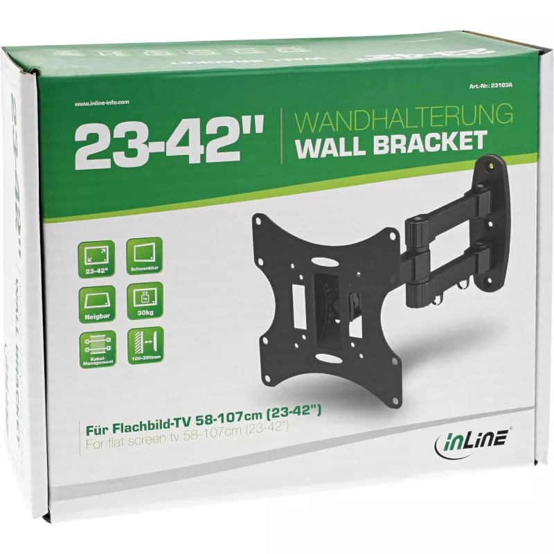 InLine sienas kronšteins TFT/LED/Plazmas ekrāniem 58–107 cm (23–42 collas) noliecams/grozāms, VESA 100x100–200x200, maks. 30 kg, melns