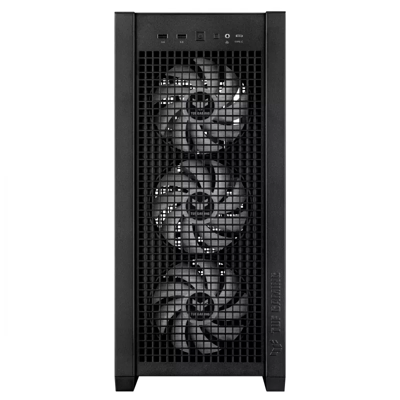 ASUS TUF Gaming GT302 ARGB, vidustorņa datora korpuss, melns — rūdīta stikla sānpaneļi, 3x140mm priekšējie + 1x140mm aizmugures ventilatori, USB-C