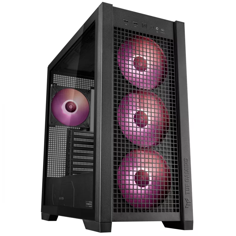 ASUS TUF Gaming GT302 ARGB, vidustorņa datora korpuss, melns — rūdīta stikla sānpaneļi, 3x140mm priekšējie + 1x140mm aizmugures ventilatori, USB-C