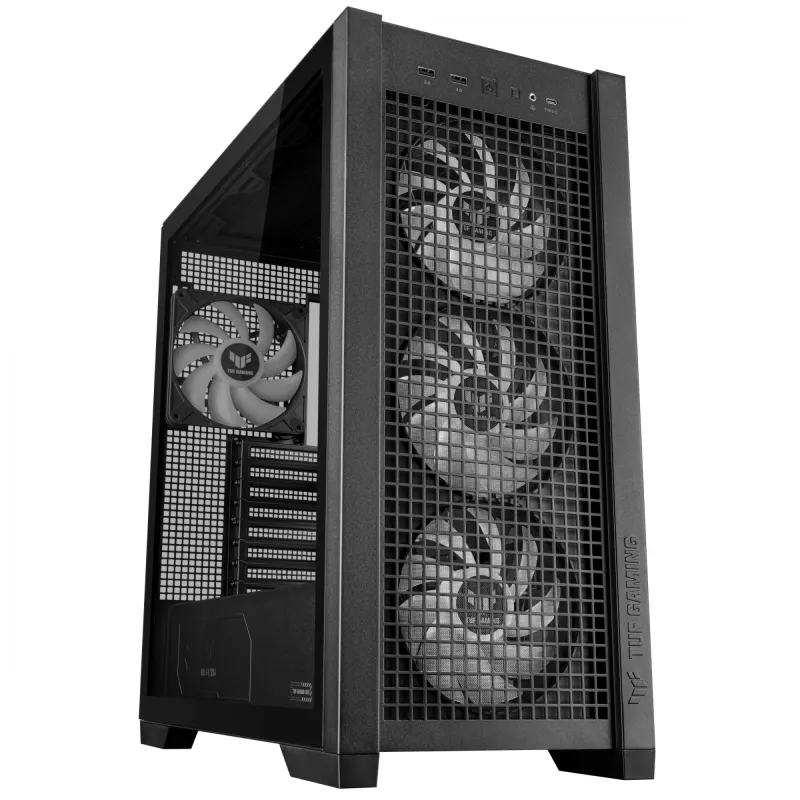 ASUS TUF Gaming GT302 ARGB, vidustorņa datora korpuss, melns — rūdīta stikla sānpaneļi, 3x140mm priekšējie + 1x140mm aizmugures ventilatori, USB-C