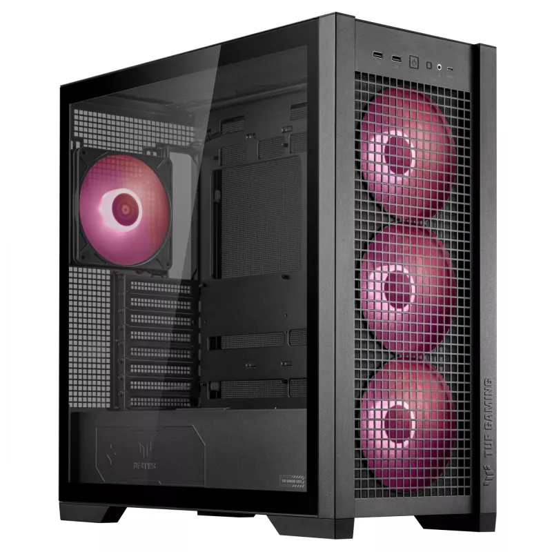 ASUS TUF Gaming GT302 ARGB, vidustorņa datora korpuss, melns — rūdīta stikla sānpaneļi, 3x140mm priekšējie + 1x140mm aizmugures ventilatori, USB-C