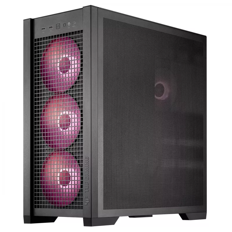 ASUS TUF Gaming GT302 ARGB, vidustorņa datora korpuss, melns — rūdīta stikla sānpaneļi, 3x140mm priekšējie + 1x140mm aizmugures ventilatori, USB-C