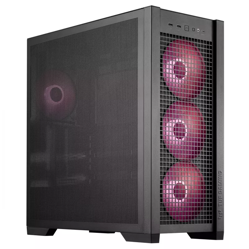 ASUS TUF Gaming GT302 ARGB, vidustorņa datora korpuss, melns — rūdīta stikla sānpaneļi, 3x140mm priekšējie + 1x140mm aizmugures ventilatori, USB-C