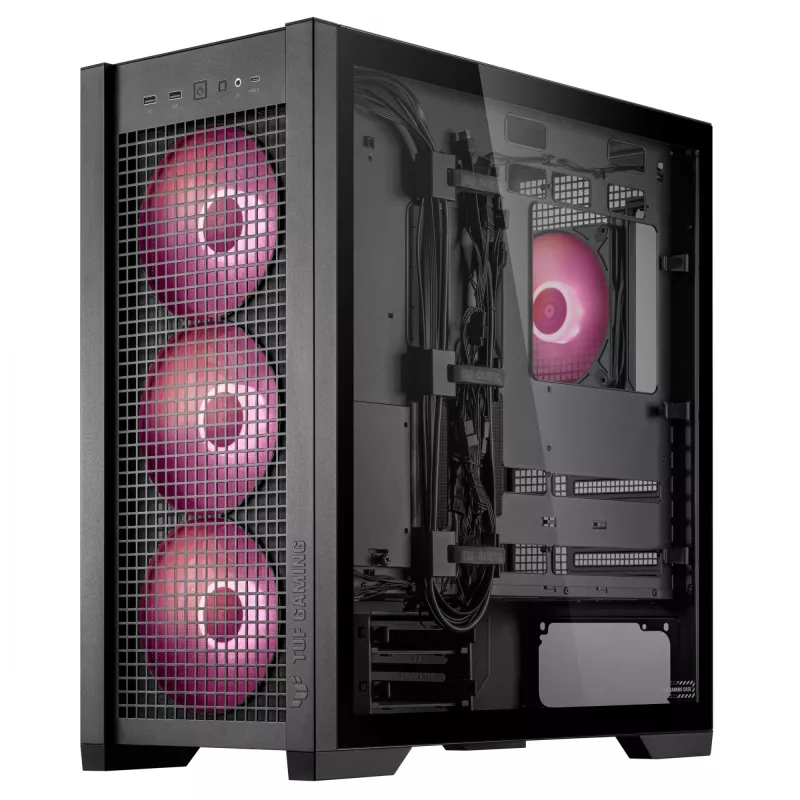 ASUS TUF Gaming GT302 ARGB, vidustorņa datora korpuss, melns — rūdīta stikla sānpaneļi, 3x140mm priekšējie + 1x140mm aizmugures ventilatori, USB-C
