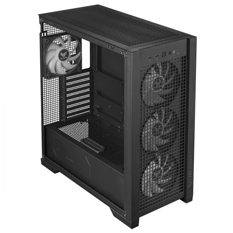 ASUS TUF Gaming GT302 ARGB, vidustorņa datora korpuss, melns — rūdīta stikla sānpaneļi, 3x140mm priekšējie + 1x140mm aizmugures ventilatori, USB-C