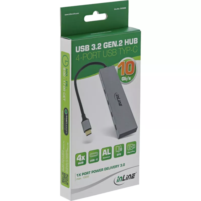 InLine USB 3.2 Gen.2 centrmezgls (10 Gb/s), 4 portu USB-C, OTG, alumīnija korpuss