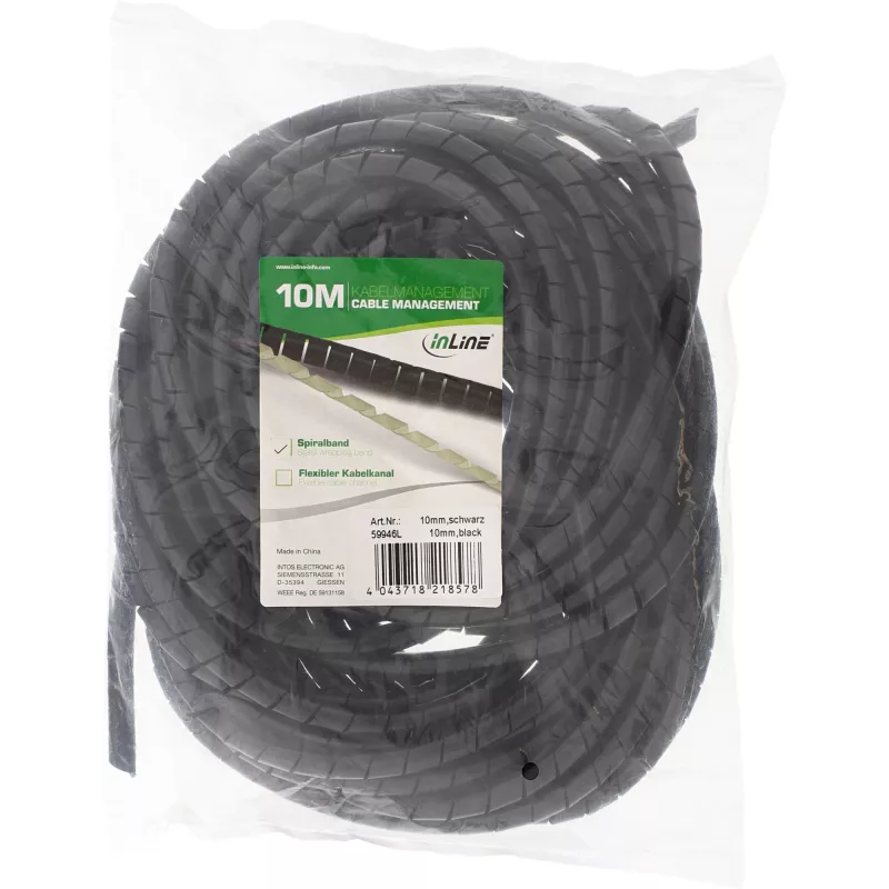 InLine spirālveida aptīšanas lente 10 m, melna, 10 mm, melna, 1 cm, 169 g, 200 mm, 210 mm, 50 mm