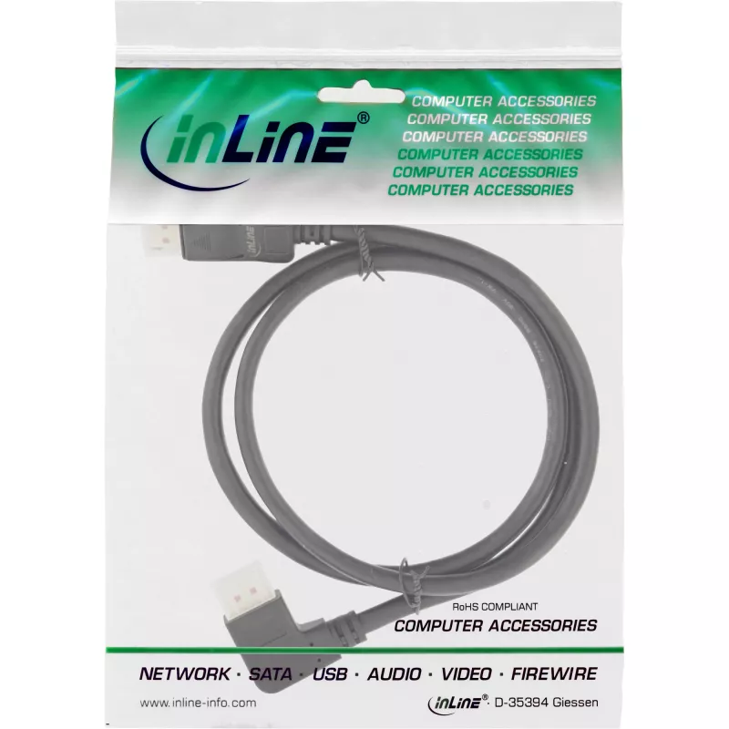 InLine DisplayPort 1.4 kabelis, 8K4K, leņķots pa kreisi, melns/zelts, 2m
