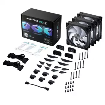 Korpusa ventilators PHANTEKS PH-F140D30 140 mm, 2 ātrumu, 250–1800 RPM, 71.76 CFM, dubultā lodīšu gultnis, 12 V, melns (3 gab.)