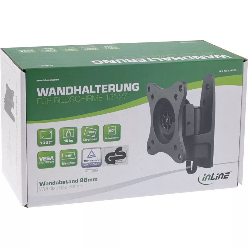InLine sienas stiprinājums, monitoriem līdz 69 cm (27 collām), maks. 15 kg