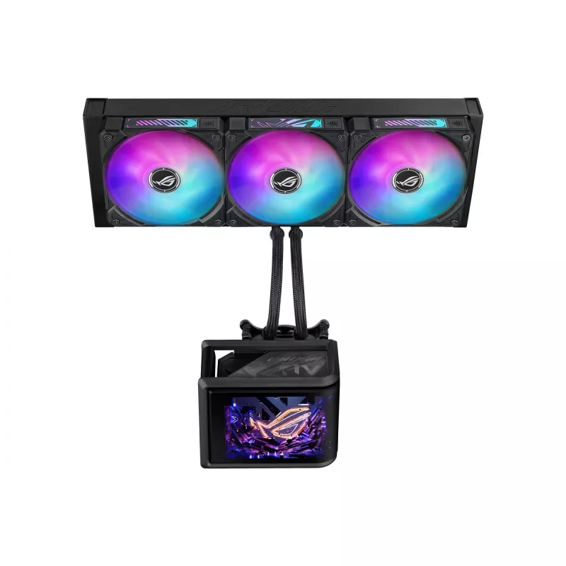 Universāls šķidruma dzesētājs ASUS ROG Ryuo IV SLC 360 ARGB — 120 mm ventilatori, 360 mm radiators, melns