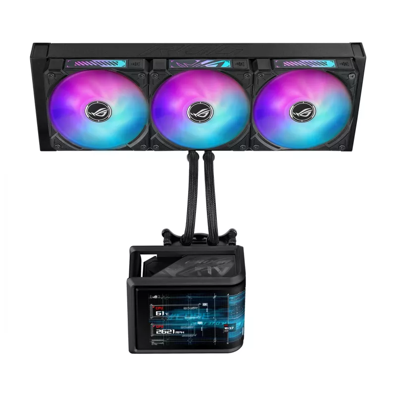 Universāls šķidruma dzesētājs ASUS ROG Ryuo IV SLC 360 ARGB — 120 mm ventilatori, 360 mm radiators, melns