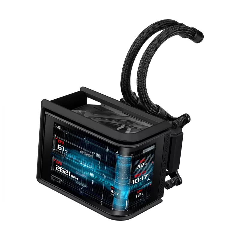 Universāls šķidruma dzesētājs ASUS ROG Ryuo IV SLC 360 ARGB — 120 mm ventilatori, 360 mm radiators, melns