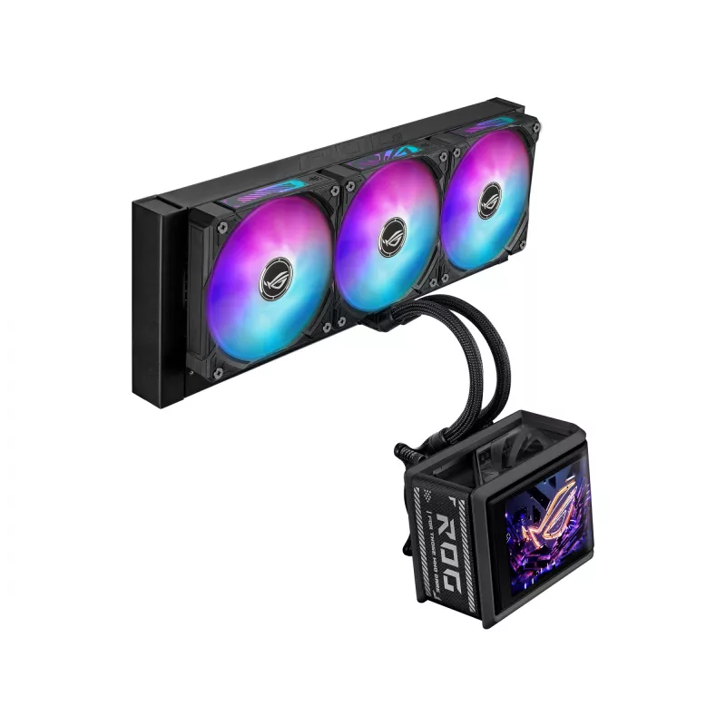 Universāls šķidruma dzesētājs ASUS ROG Ryuo IV SLC 360 ARGB — 120 mm ventilatori, 360 mm radiators, melns