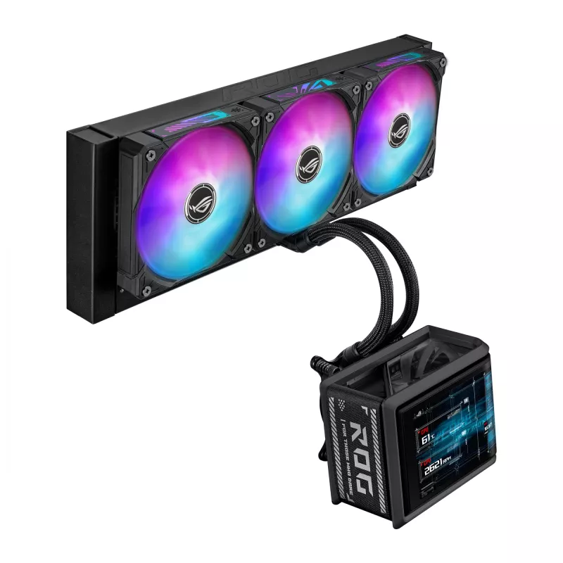 Universāls šķidruma dzesētājs ASUS ROG Ryuo IV SLC 360 ARGB — 120 mm ventilatori, 360 mm radiators, melns
