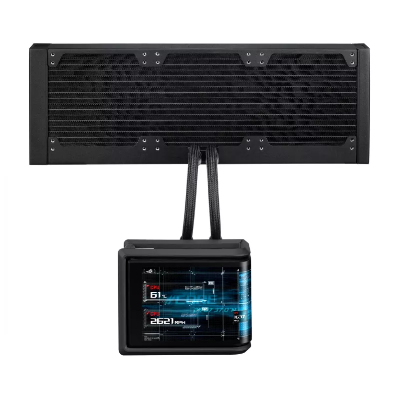 Universāls šķidruma dzesētājs ASUS ROG Ryuo IV SLC 360 ARGB — 120 mm ventilatori, 360 mm radiators, melns