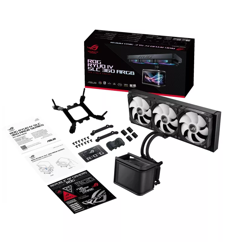 Universāls šķidruma dzesētājs ASUS ROG Ryuo IV SLC 360 ARGB — 120 mm ventilatori, 360 mm radiators, melns