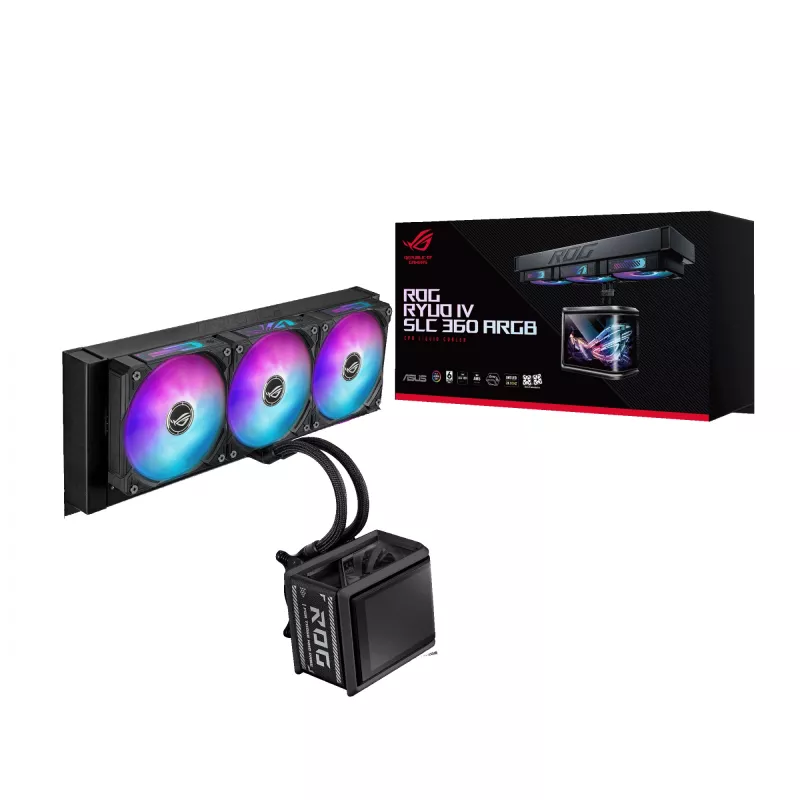Universāls šķidruma dzesētājs ASUS ROG Ryuo IV SLC 360 ARGB — 120 mm ventilatori, 360 mm radiators, melns