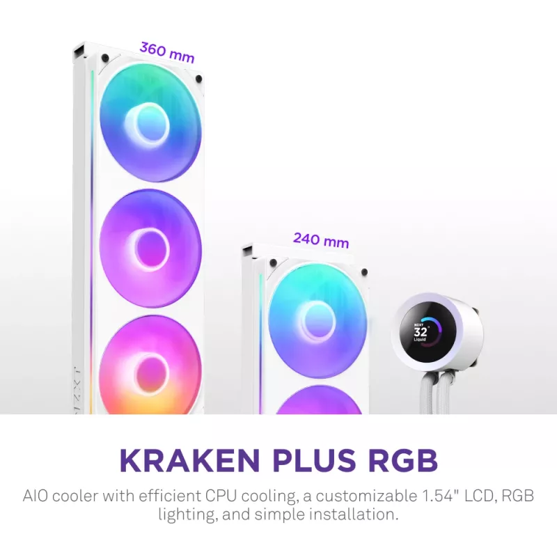 Universāls šķidruma CPU dzesētājs NZXT Kraken Plus RGB 240 — 120 mm ventilatori, FDB gultnis, balts