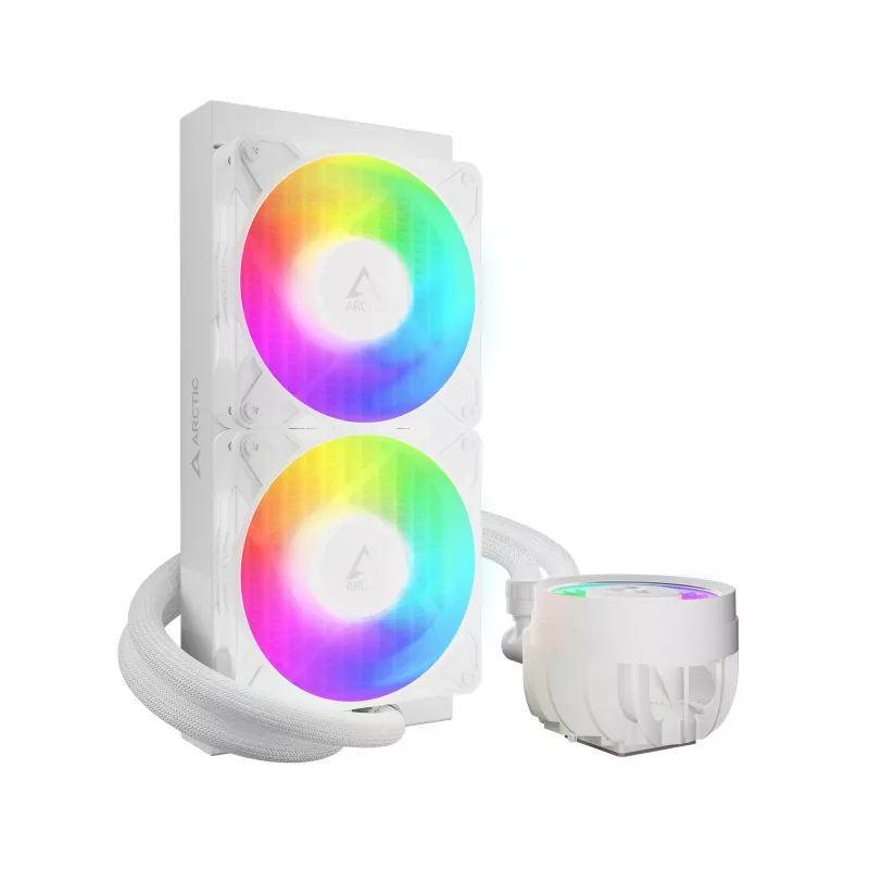 Viss-vienā šķidruma CPU dzesētājs Arctic Liquid Freezer III Pro 240 A-RGB — 240 mm, 120 mm ventilatori, balts, saderīgs ar LGA1700/AM4/AM5