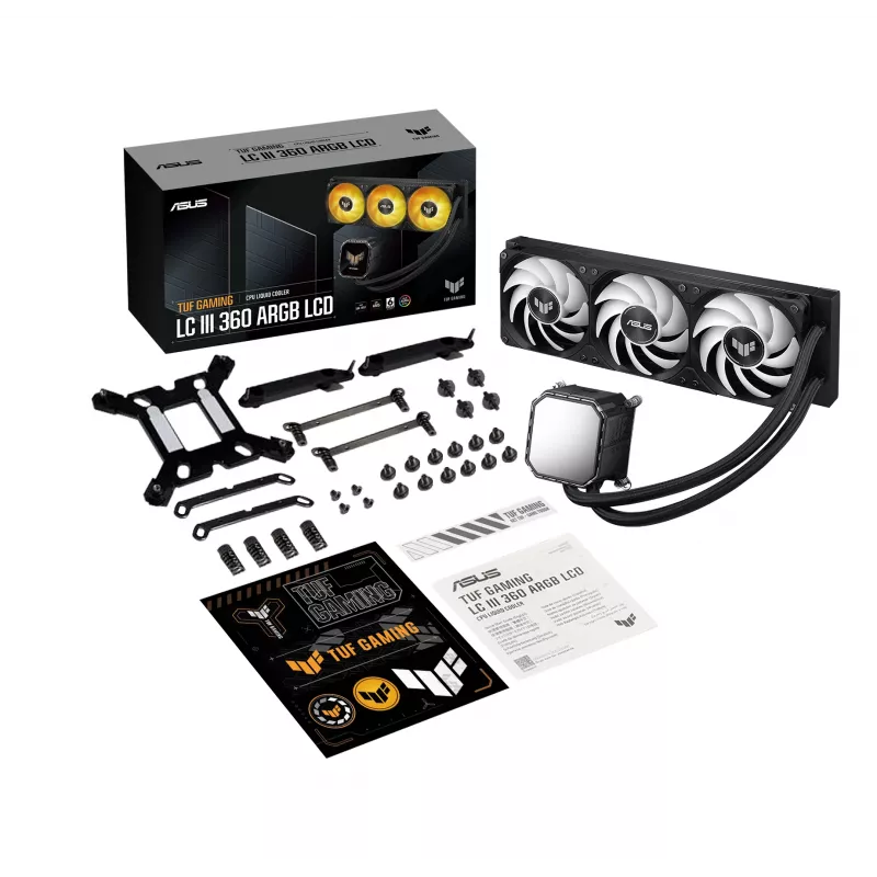 Universāls šķidruma dzesētājs ASUS TUF Gaming LC III 360 ARGB LCD — 360 mm radiators, 3x 120 mm ventilatori, Socket AM5/AM4/LGA1700/LGA1200, Melns