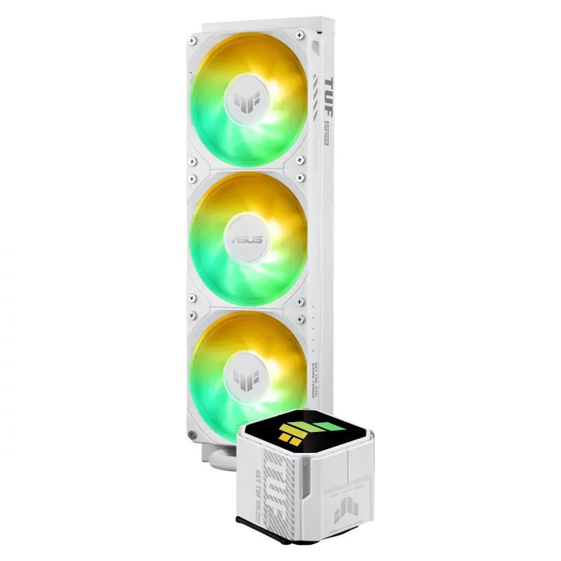 Viss-vienā šķidruma dzesētājs ASUS TUF Gaming LC III 360 ARGB balta Edition — 360mm, 120 mm ventilatori, LGA1700/1200, AM4/AM5 atbalsts