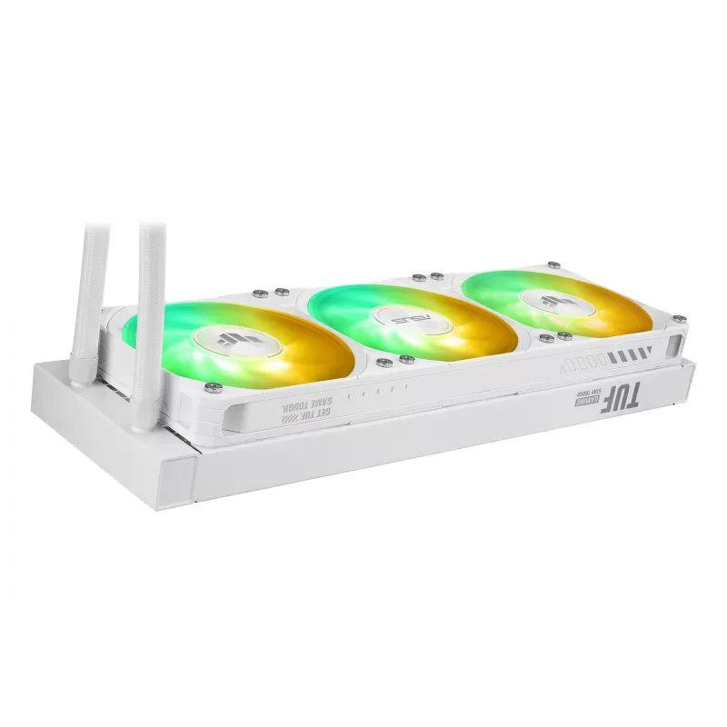 Universāls šķidruma dzesētājs ASUS TUF Gaming LC III 360 ARGB LCD balta Edition — 360 mm radiators, 3×120 mm PWM ventilatori, LCD displejs, Balta