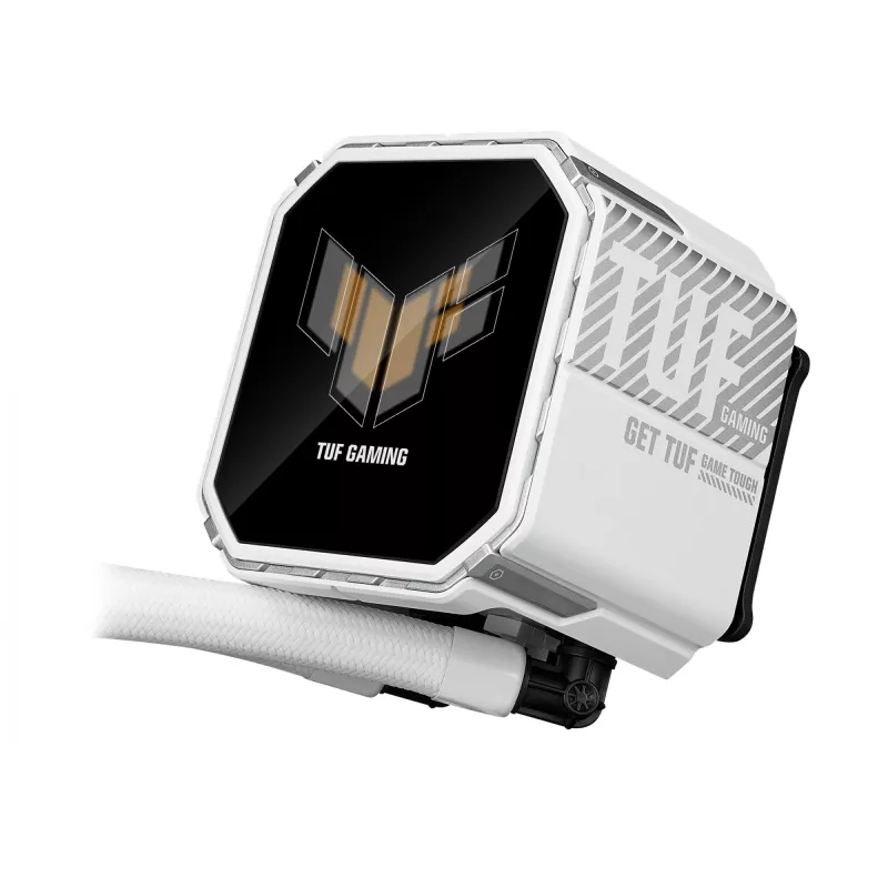 Universāls šķidruma dzesētājs ASUS TUF Gaming LC III 360 ARGB LCD balta Edition — 360 mm radiators, 3×120 mm PWM ventilatori, LCD displejs, Balta