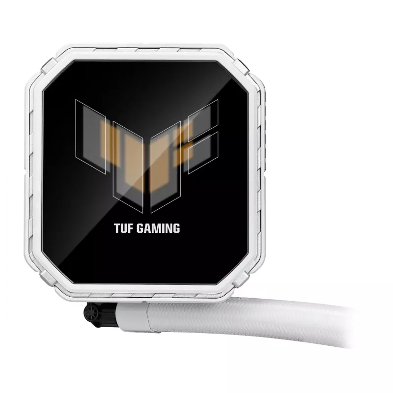 Universāls šķidruma dzesētājs ASUS TUF Gaming LC III 360 ARGB LCD balta Edition — 360 mm radiators, 3×120 mm PWM ventilatori, LCD displejs, Balta