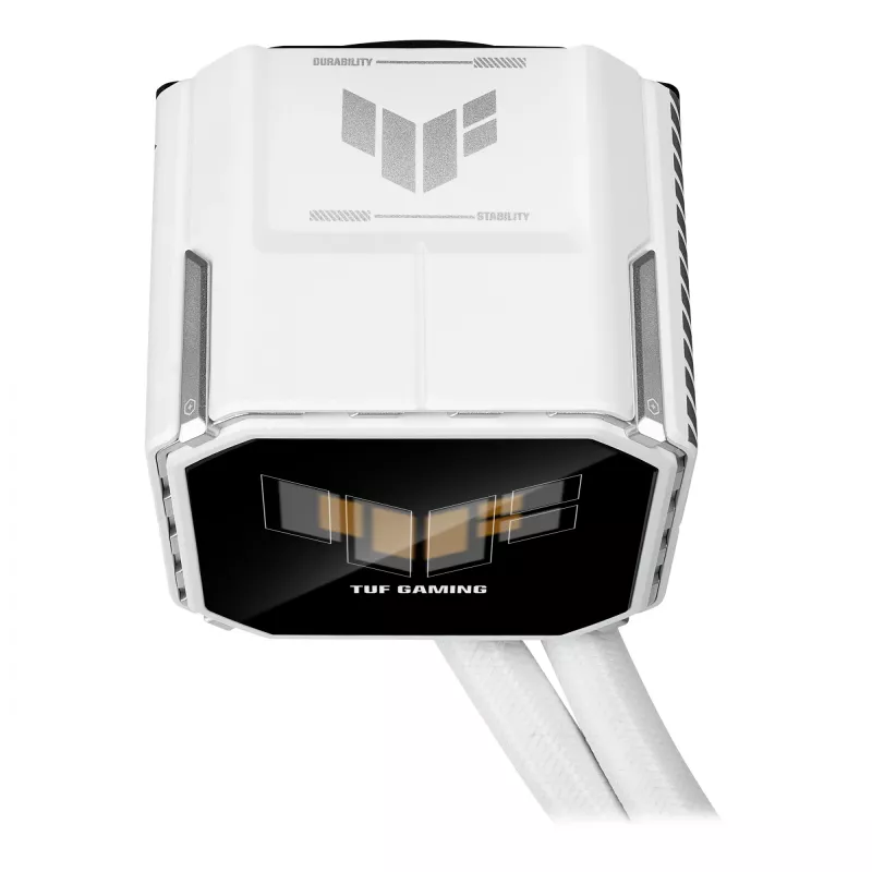 Universāls šķidruma dzesētājs ASUS TUF Gaming LC III 360 ARGB LCD balta Edition — 360 mm radiators, 3×120 mm PWM ventilatori, LCD displejs, Balta