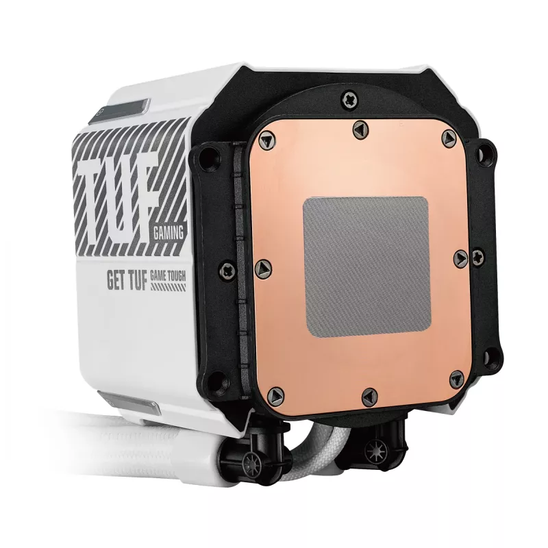Universāls šķidruma dzesētājs ASUS TUF Gaming LC III 360 ARGB LCD balta Edition — 360 mm radiators, 3×120 mm PWM ventilatori, LCD displejs, Balta
