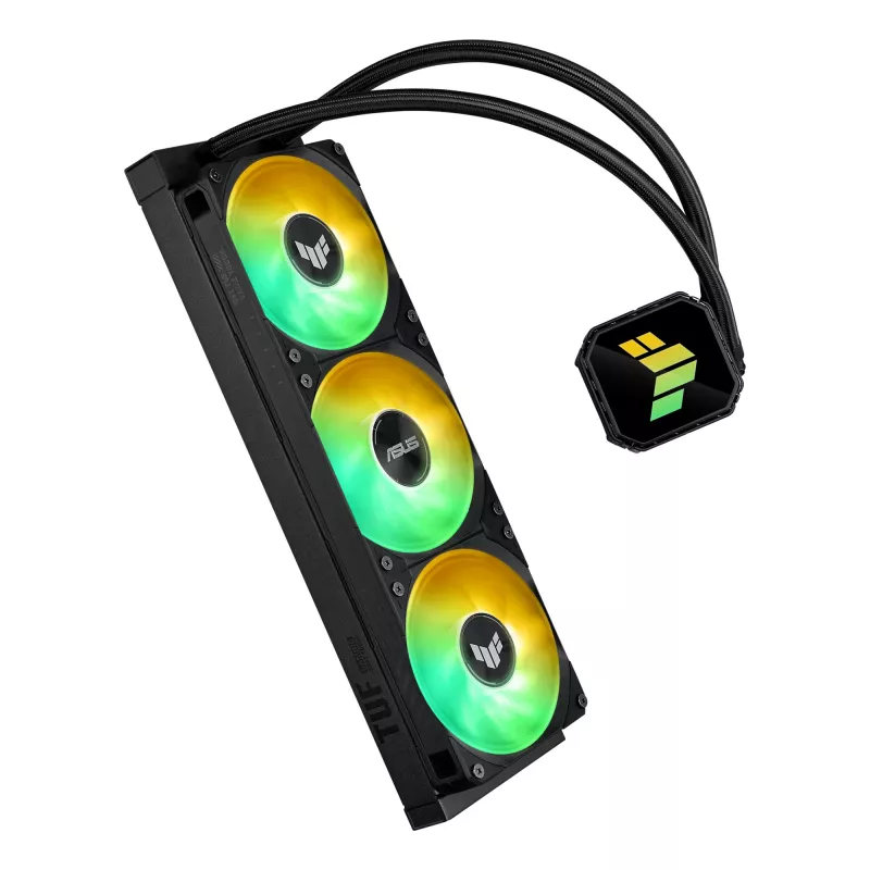Universāls šķidruma dzesētājs ASUS TUF GAMING LC III 360 ARGB — 120 mm ventilatori, atbalsta AM4/LGA1200/LGA1700/AM5, melns